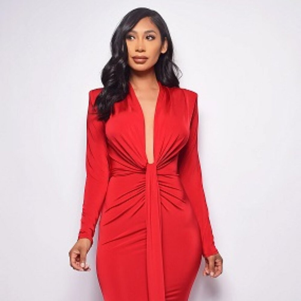 EMPRADA- Celeste Red V Plunge Drape Dress